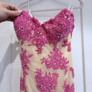 Sheer Nude Dress with Hot Pink Beaded Appliqué